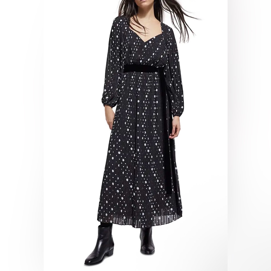 The Kooples Polka Dot Pleated Maxi Dress Black White Long Sleeve S /1 Sheer $470